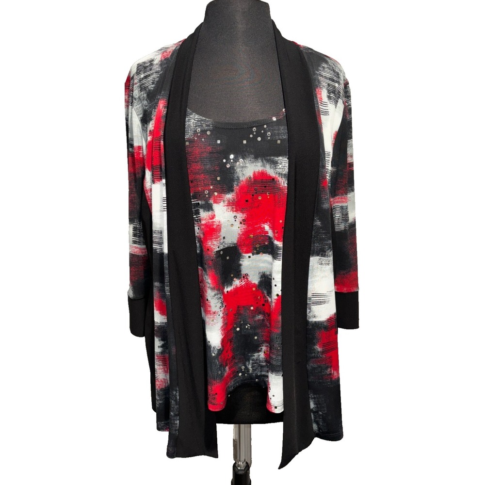 Fooler Layered Abstract Studded Top Cardigan by Libra ASM Size Large Red Black